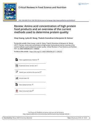 Amino Acid Concentration of High Protein Food Products and an Overview of the Current Methods Used to Determine Protein Quality