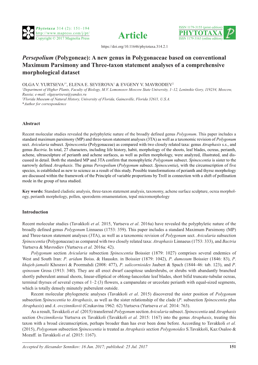 A New Genus in Polygonaceae Based on Conventional Maximum Parsimony and Three-Taxon Statement Analyses of a Comprehensive Morphological Dataset