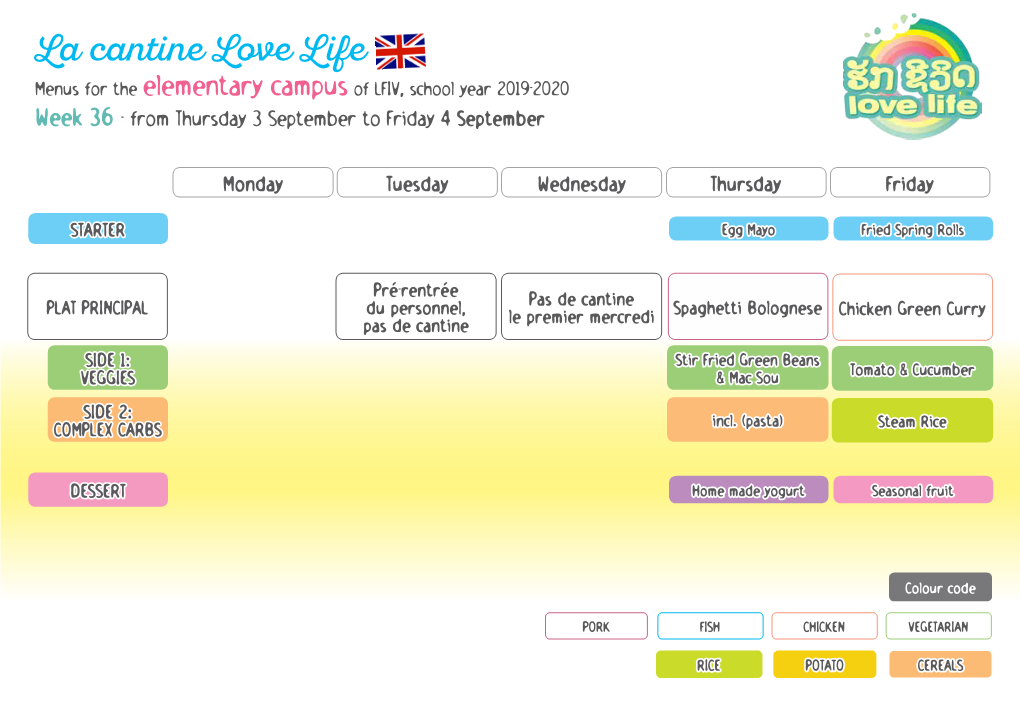 La Cantine Love Life Menus for the Elementary Campus of LFIV, School Year 2019-2020 Week 36 - from Thursday 3 September to Friday 4 September