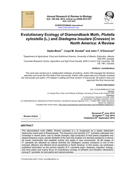 Evolutionary Ecology of Diamondback Moth, Plutella Xylostella (L.) and Diadegma Insulare (Cresson) in North America: a Review