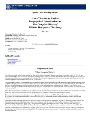 Anne Thackeray Ritchie Biographical Introductions to the Complete Works of William Makepeace Thackeray
