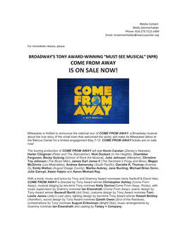 Broadway's Tony Award-Winning Come from Away Is on Sale Now!