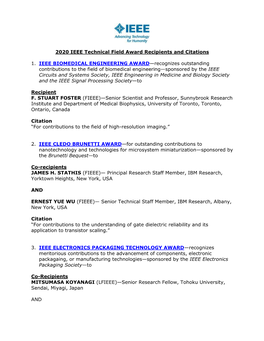 2020 IEEE Technical Field Award Recipients and Citations