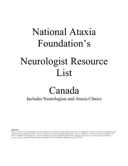National Ataxia Foundation's Neurologist Resource List Canada