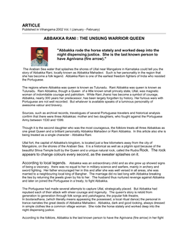 Article Abbakka Rani : the Unsung Warrior Queen