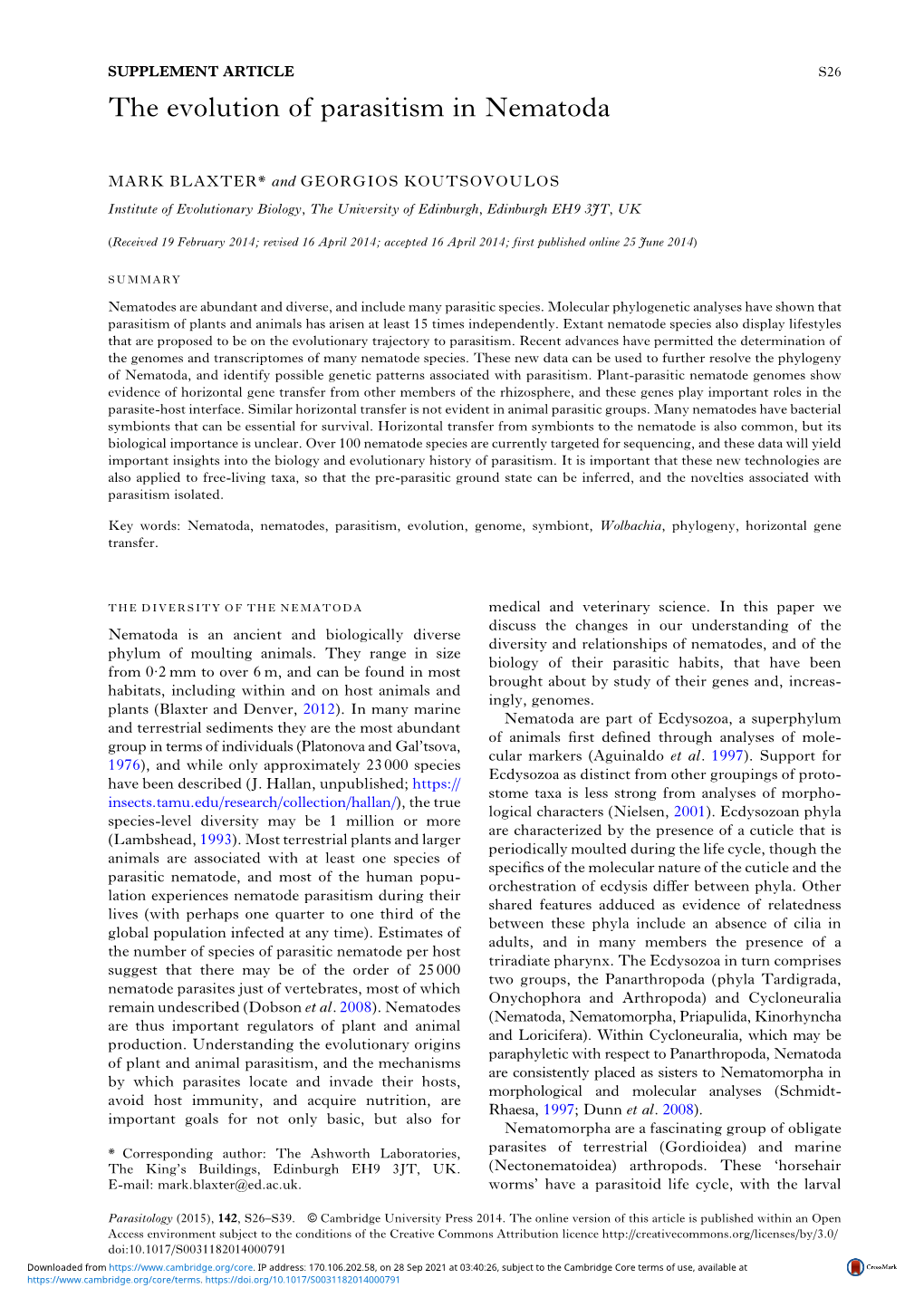 The Evolution of Parasitism in Nematoda