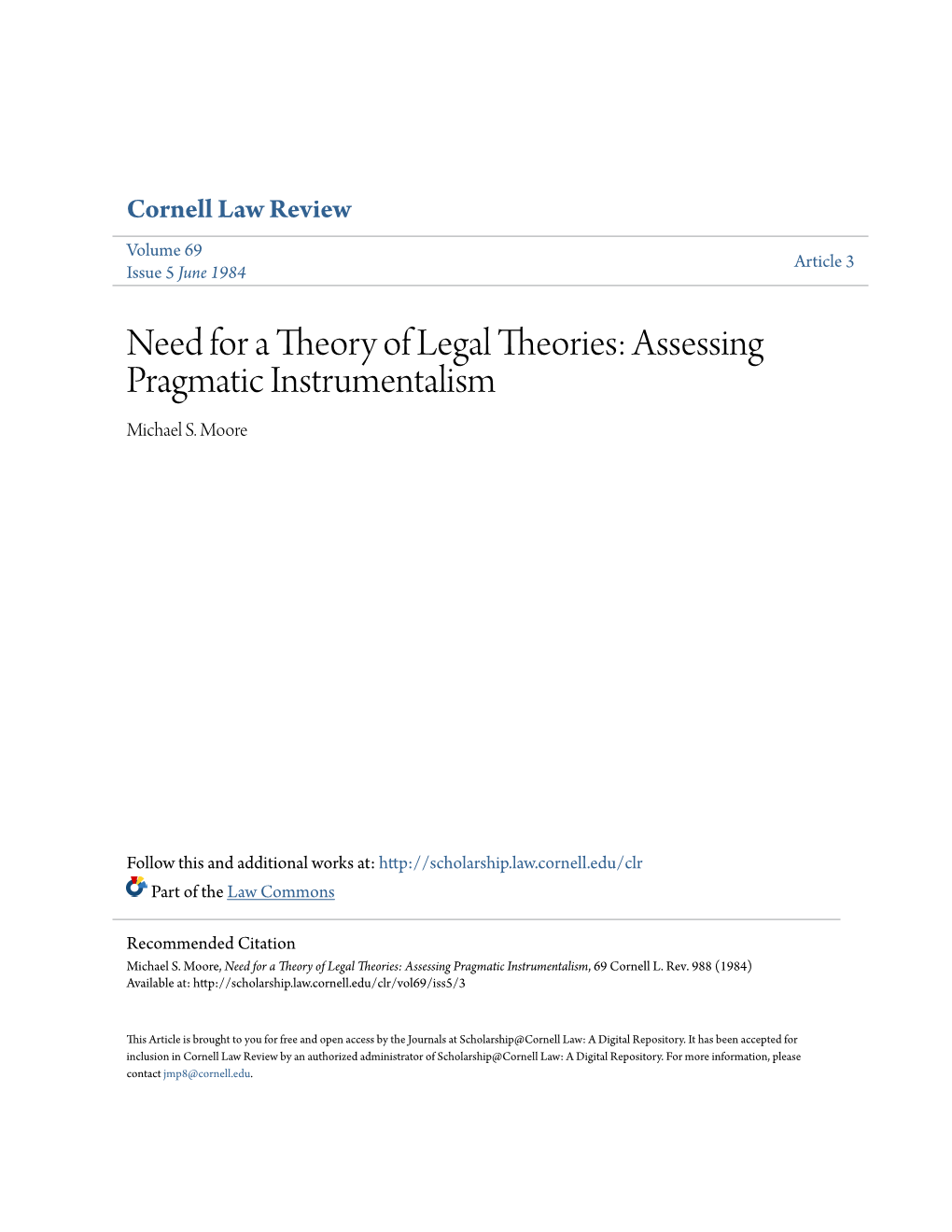 Need for a Theory of Legal Theories: Assessing Pragmatic Instrumentalism Michael S