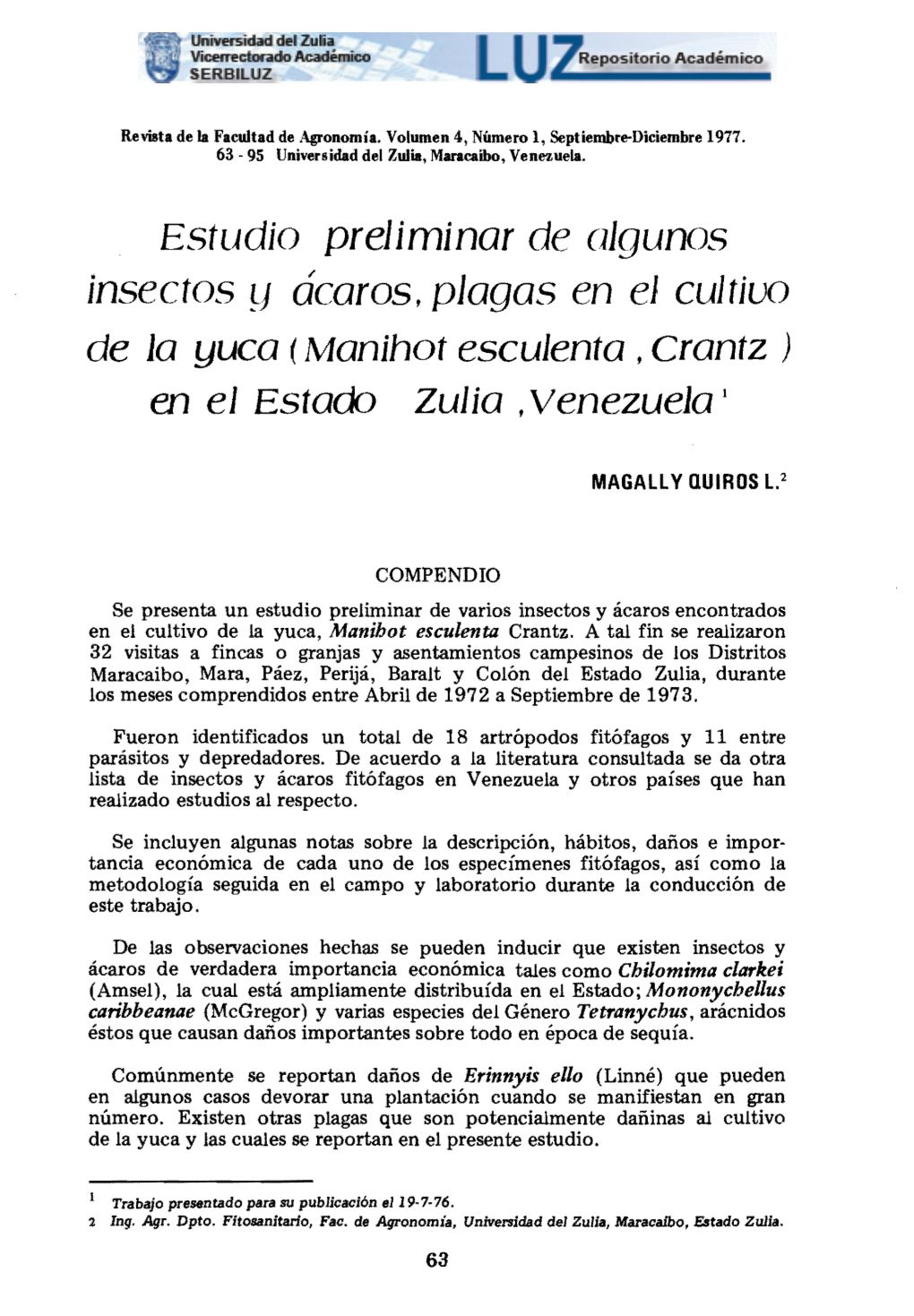 J Ácaros, Plagas En El Cultivo De La Yuca (Manihot Esculenta ,Crantz )