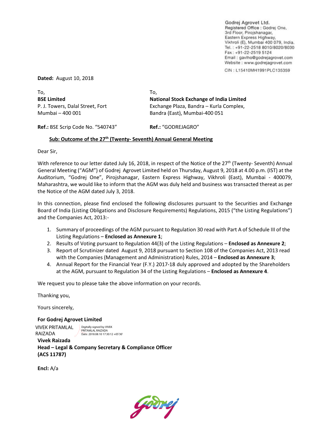 Dated: August 10, 2018 To, To, BSE Limited National Stock Exchange Of
