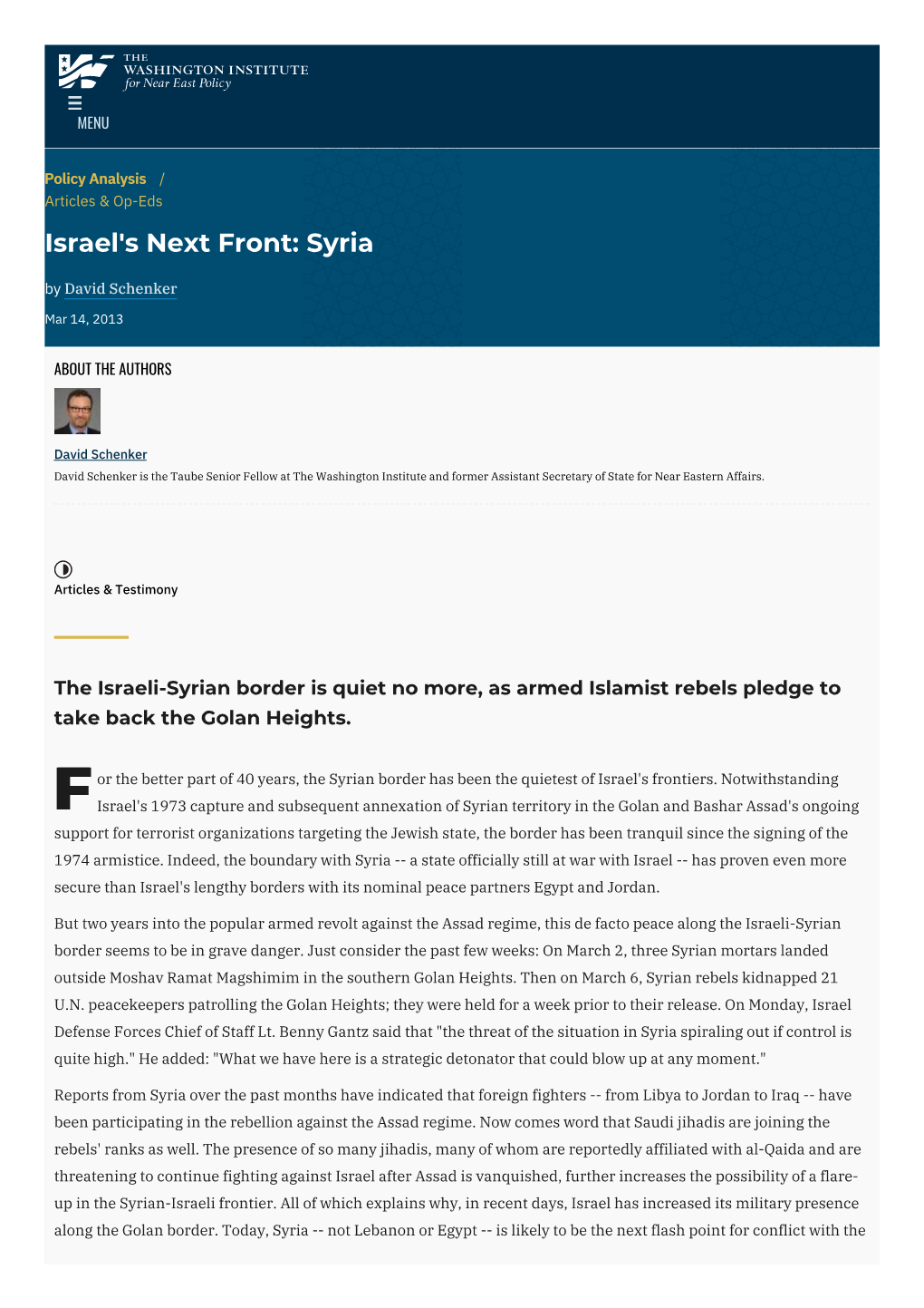 Israel's Next Front: Syria | the Washington Institute