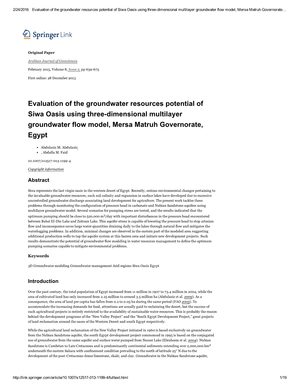 Evaluation of the Groundwater Resources Potential of Siwa Oasis Using Three­Dimensional Multilayer Groundwater Flow Model, Mersa Matruh Governorate…