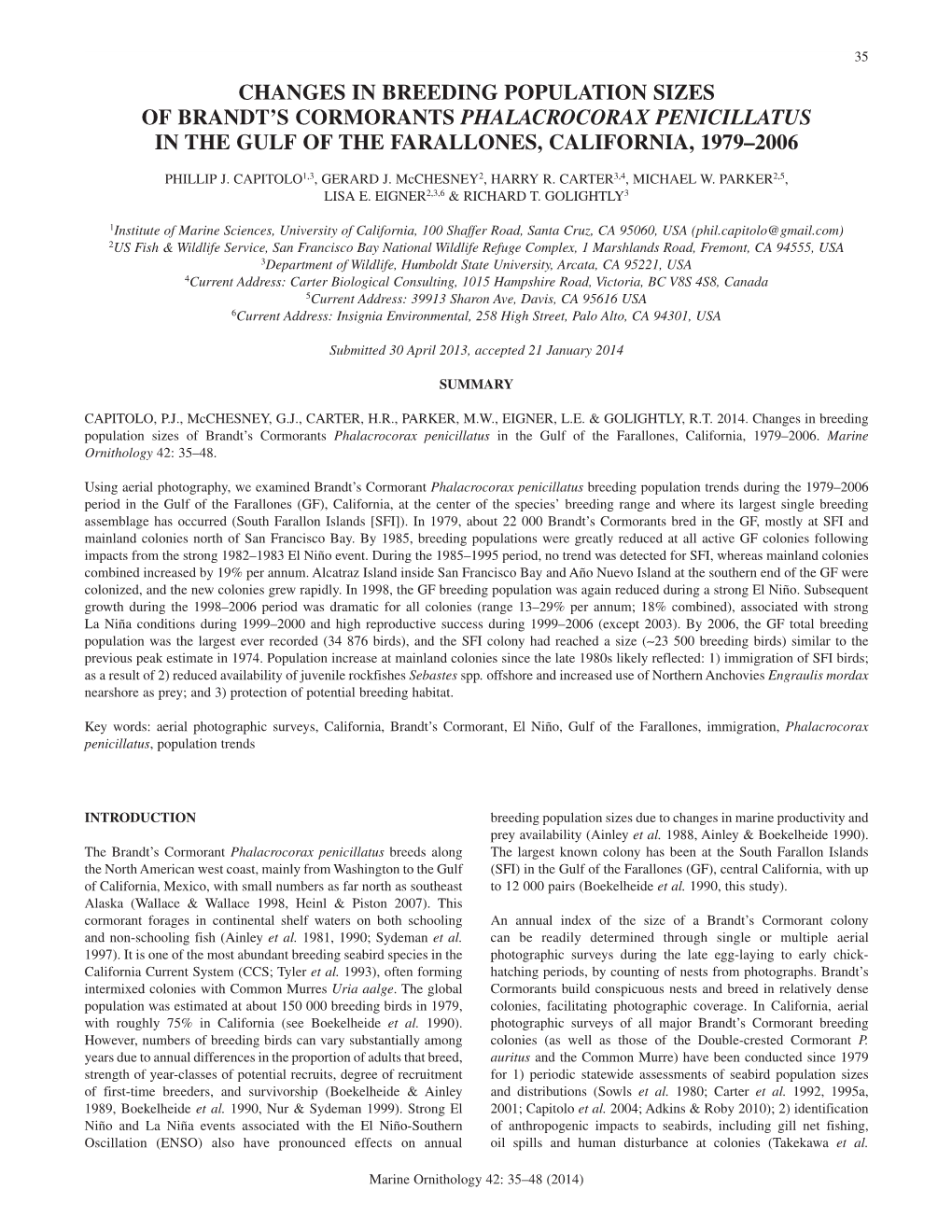 Changes in Breeding Population Sizes of Brandt’S Cormorants Phalacrocorax Penicillatus in the Gulf of the Farallones, California, 1979–2006