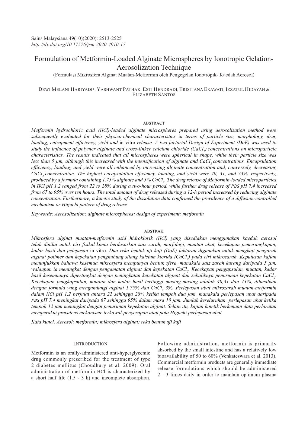 Formulation of Metformin-Loaded Alginate Microspheres By