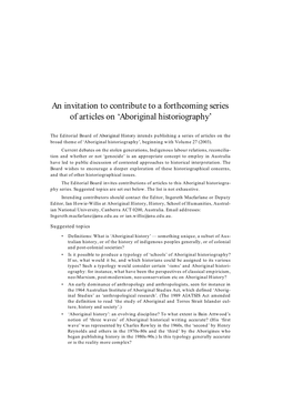 An Invitation to Contribute to a Forthcoming Series of Articles on ‘Aboriginal Historiography’