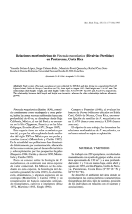 Relaciones Morfométricas De Pinctada Mazatlanica (Bivalvia: Pteriidae) En Puntarenas, Costa Rica