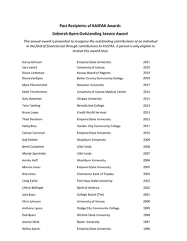 Past Recipients of KASFAA Awards Deborah Byers Outstanding Service