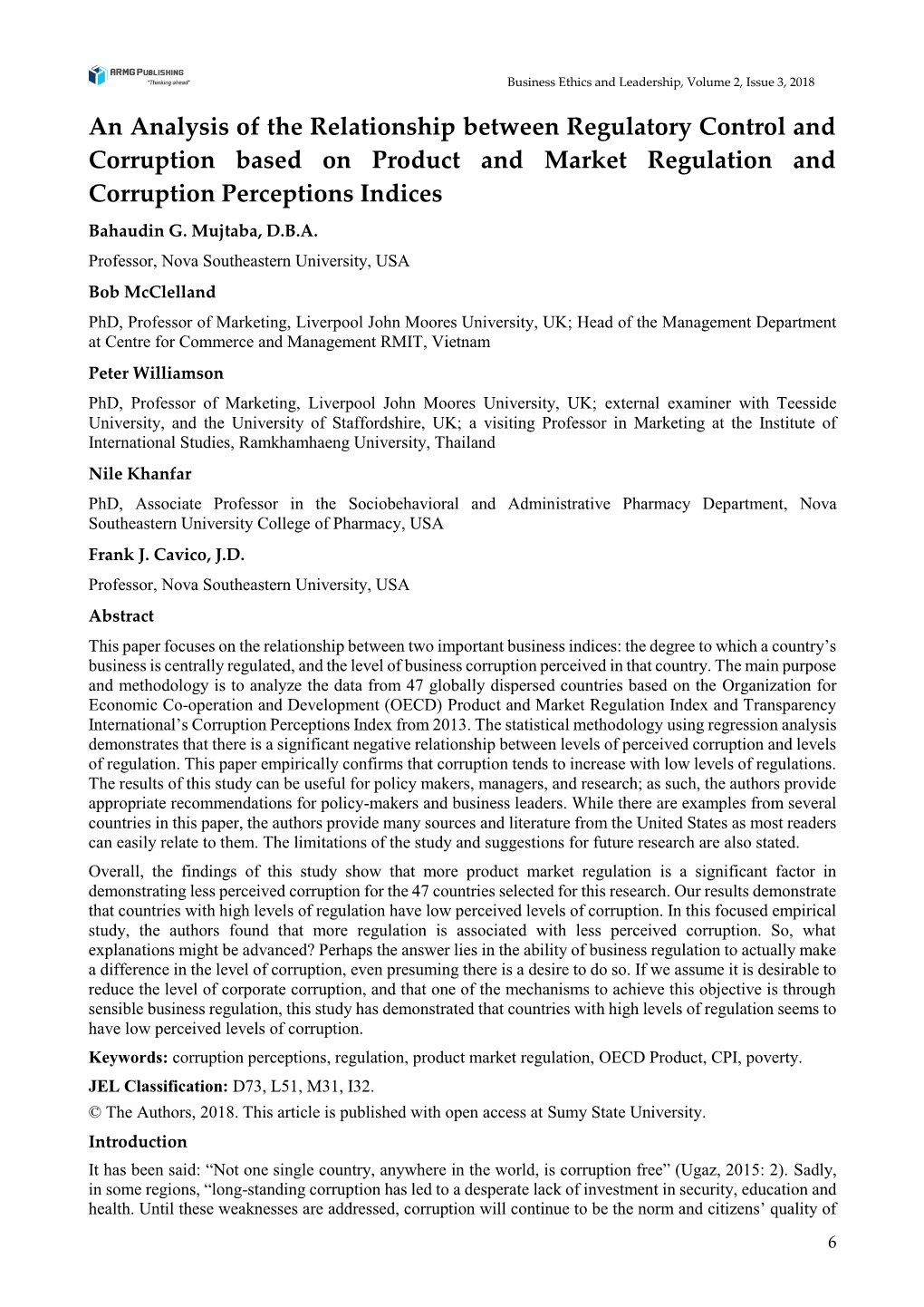 An Analysis of the Relationship Between Regulatory Control and Corruption Based on Product and Market Regulation and Corruption Perceptions Indices Bahaudin G