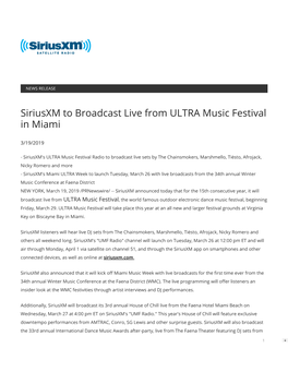 Siriusxm to Broadcast Live from ULTRA Music Festival in Miami