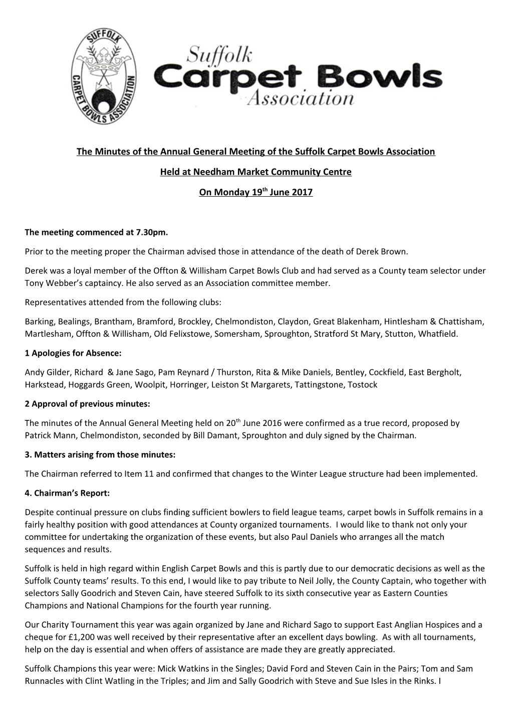 The Minutes of the Annual General Meeting of the Suffolk Carpet Bowls Association Held at Needham Market Community Centre on Monday 19 Th June 2017