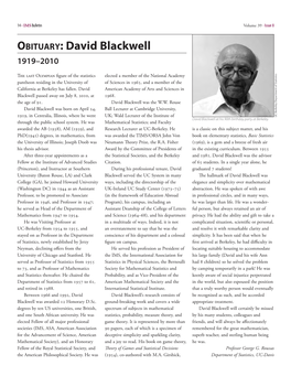 Obituary: David Blackwell 1919–2010