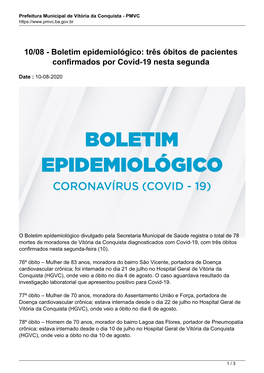 Boletim Epidemiológico: Três Óbitos De Pacientes Confirmados Por Covid-19 Nesta Segunda