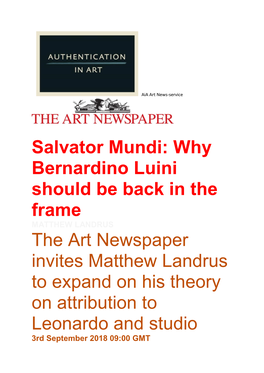 Salvator Mundi: Why Bernardino Luini Should Be Back in the Frame the Art Newspaper Invites Matthew Landrus to Expand on His Theo