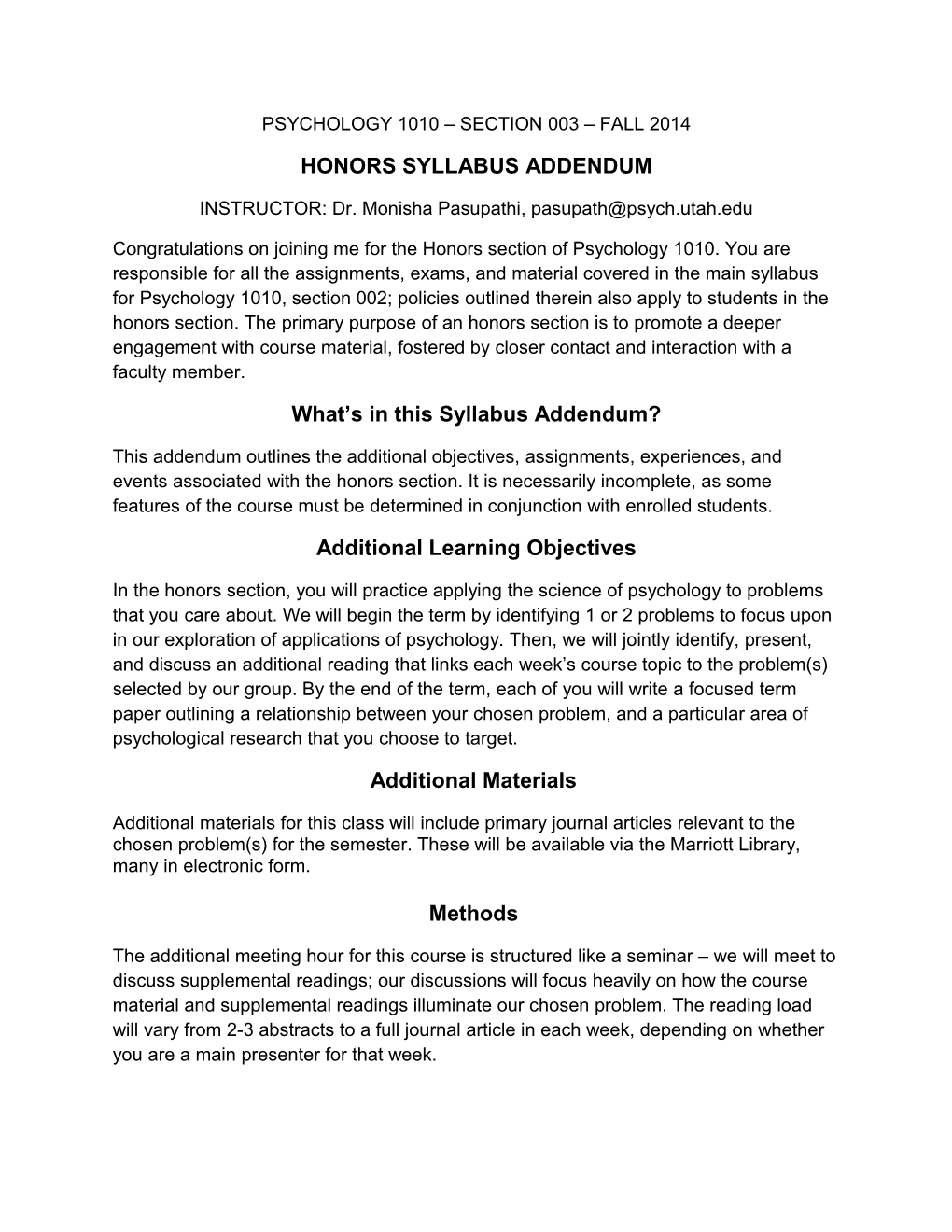 Honors Syllabus Addendum