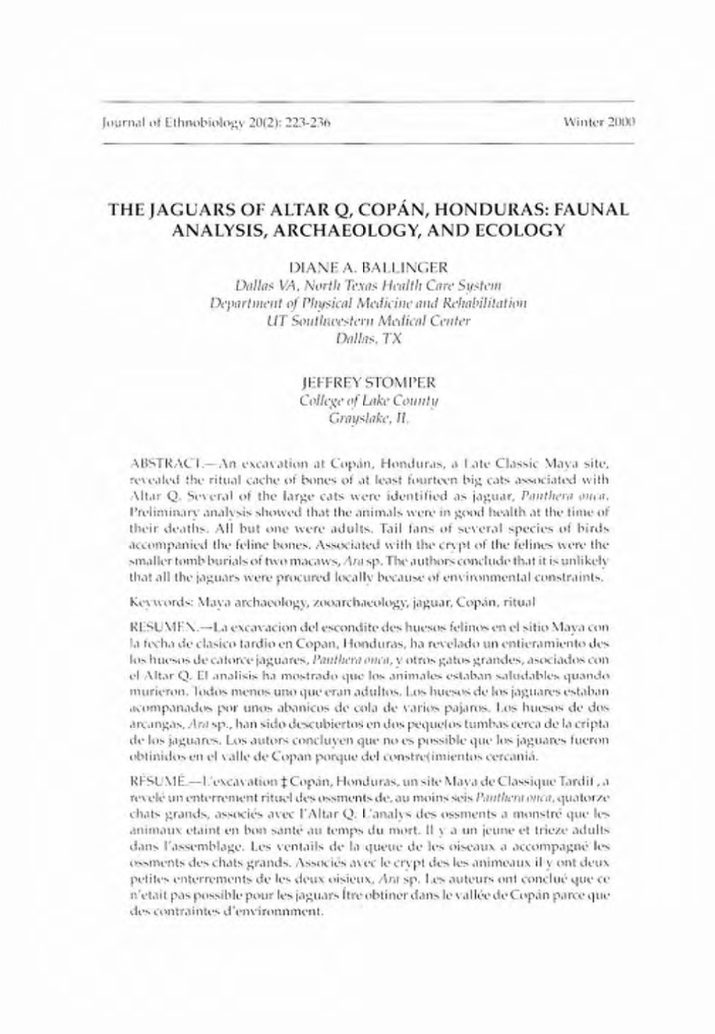 THE JAGUARS of ALTAR Q, Copan, HONDURAS: FAUNAL ANALYSIS, ARCHAEOLOGY, and ECOLOGY