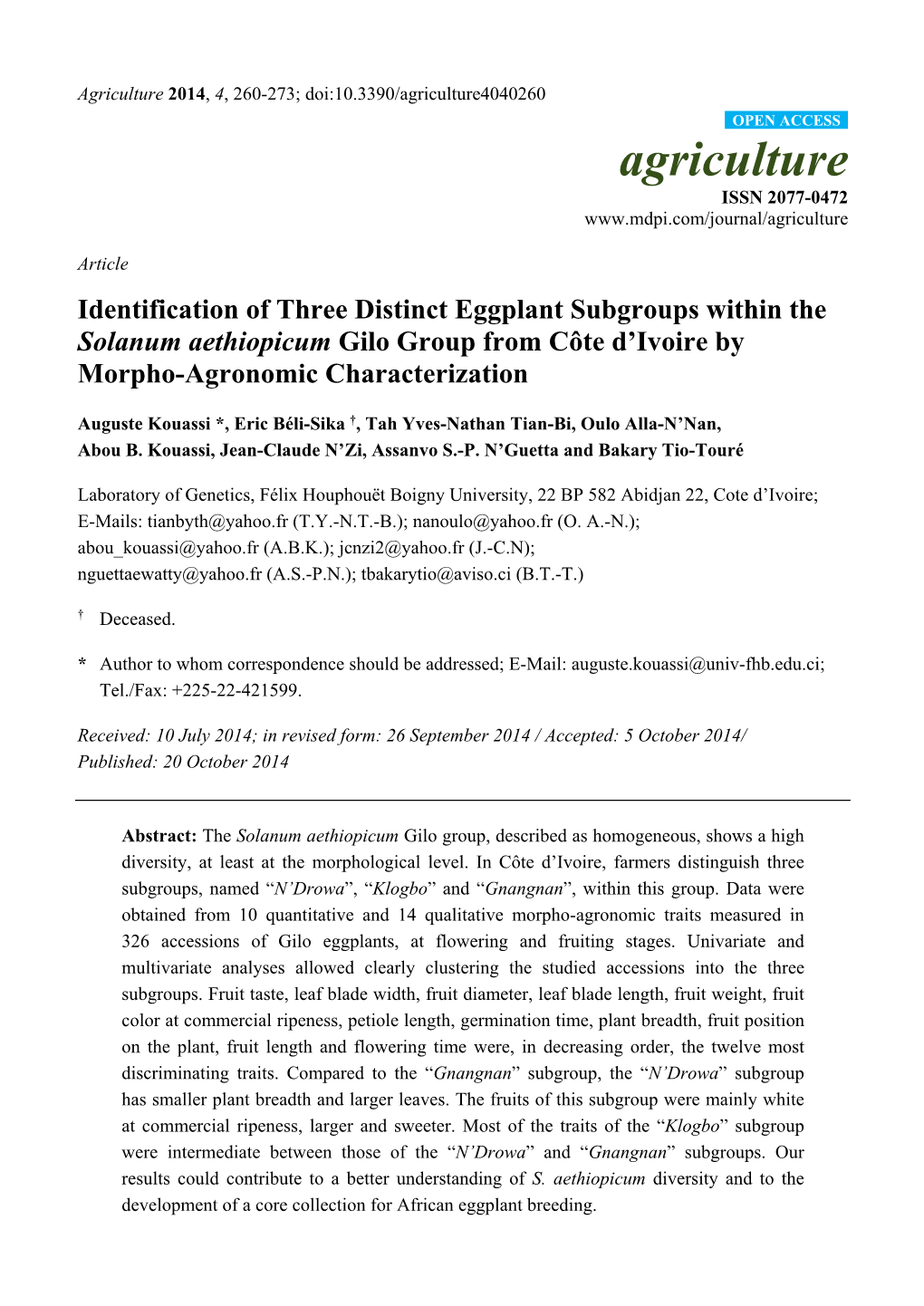 Identification of Three Distinct Eggplant Subgroups Within the Solanum Aethiopicum Gilo Group from Côte D’Ivoire by Morpho-Agronomic Characterization