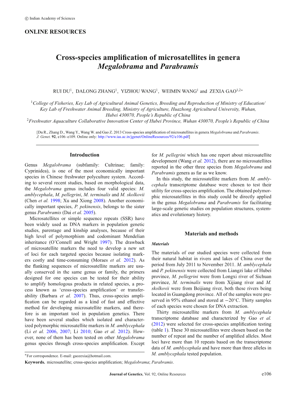 Cross-Species Amplification of Microsatellites in Genera