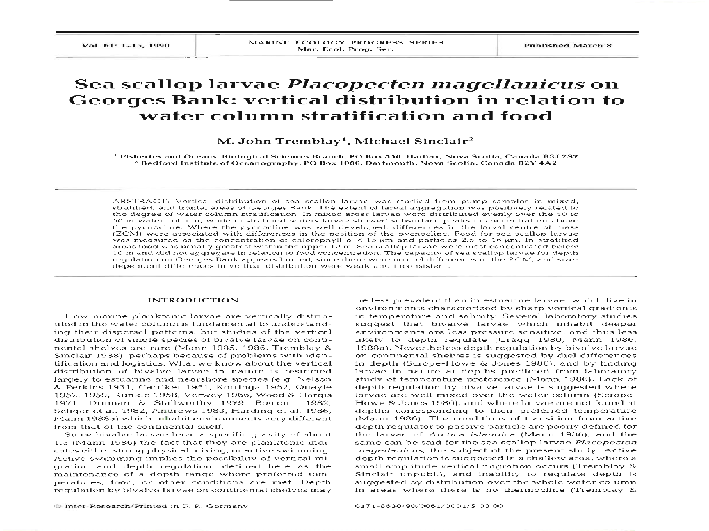 Sea Scallop Larvae Placopecten Magellanicus on Georges Bank: Vertical Distribution in Relation to Water Column Stratification and Food