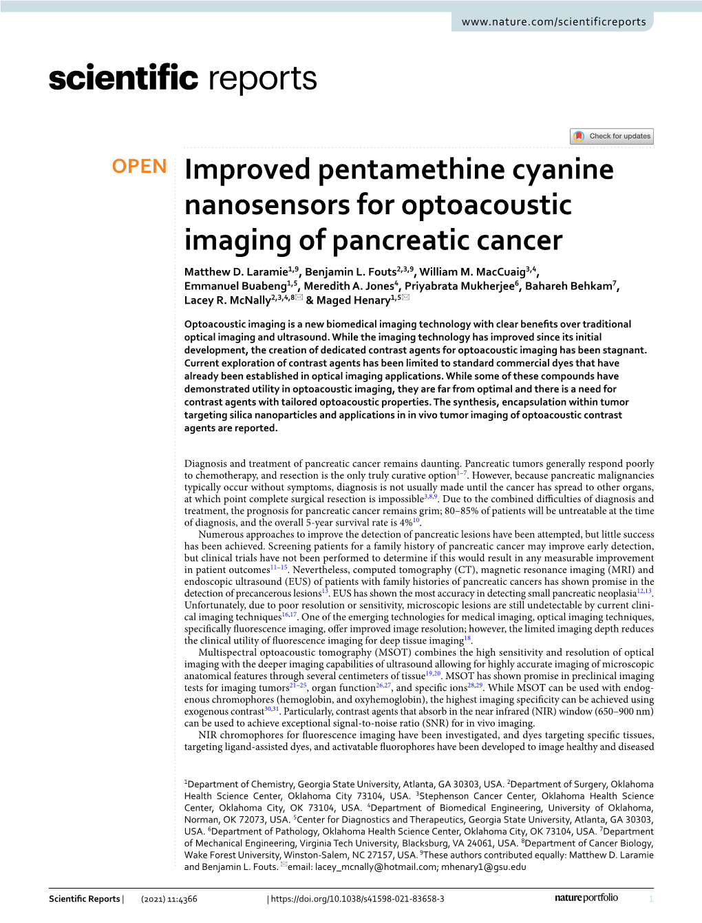Improved Pentamethine Cyanine Nanosensors for Optoacoustic Imaging of Pancreatic Cancer Matthew D