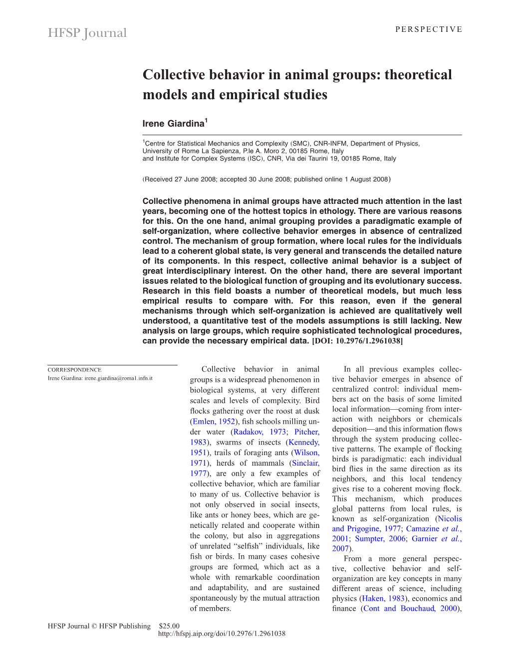 Collective Behavior in Animal Groups: Theoretical Models and Empirical Studies