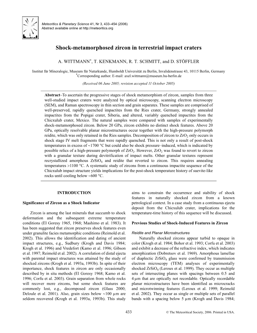 Shock-Metamorphosed Zircon in Terrestrial Impact Craters