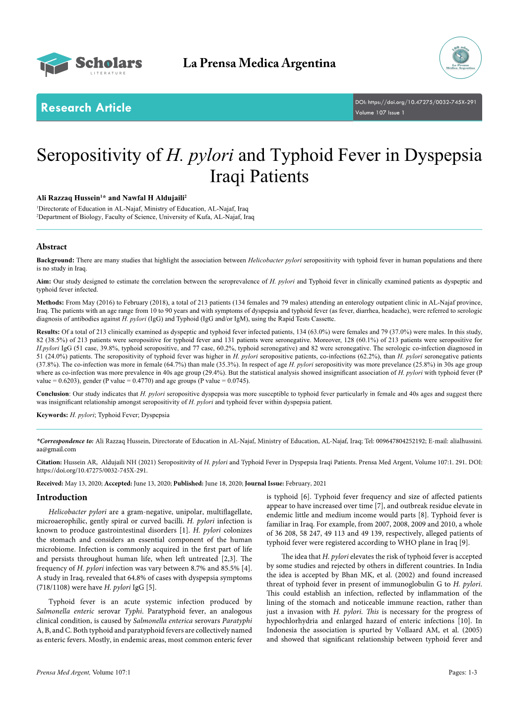 Seropositivity of H. Pylori and Typhoid Fever in Dyspepsia Iraqi Patients