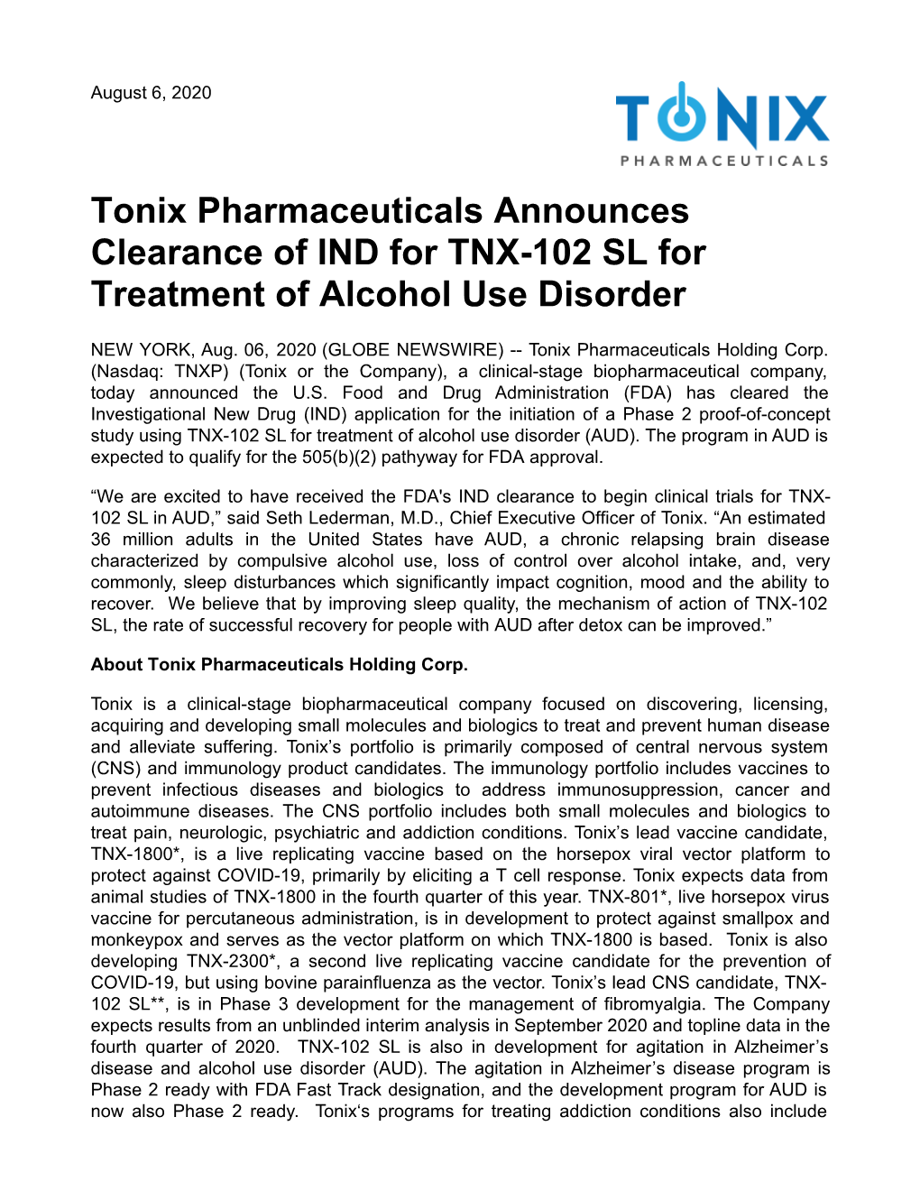 Tonix Pharmaceuticals Announces Clearance of IND for TNX-102 SL for Treatment of Alcohol Use Disorder