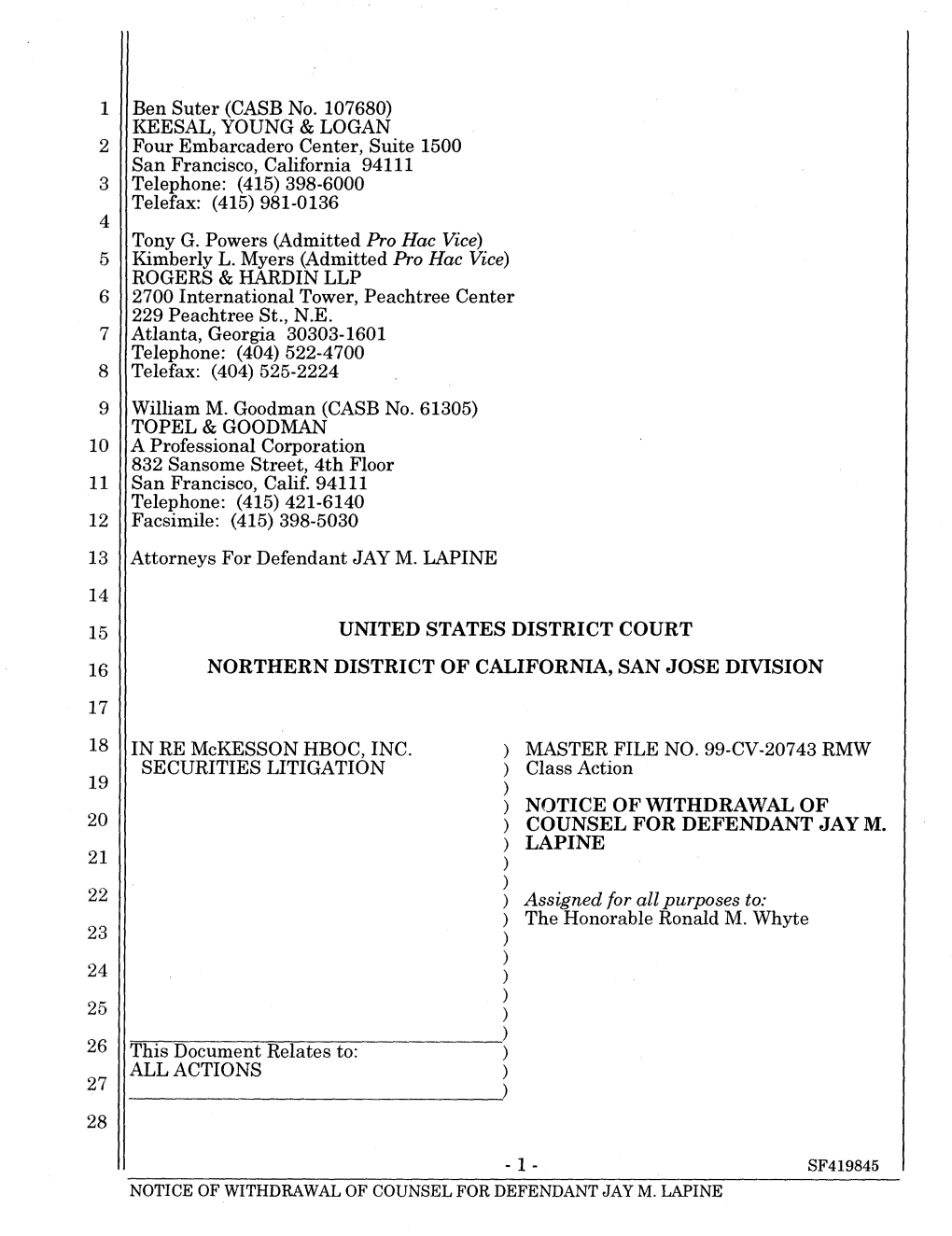 In Re Mckesson HBOC, Inc. Securities Litigation 99-CV-20743-Notice Of