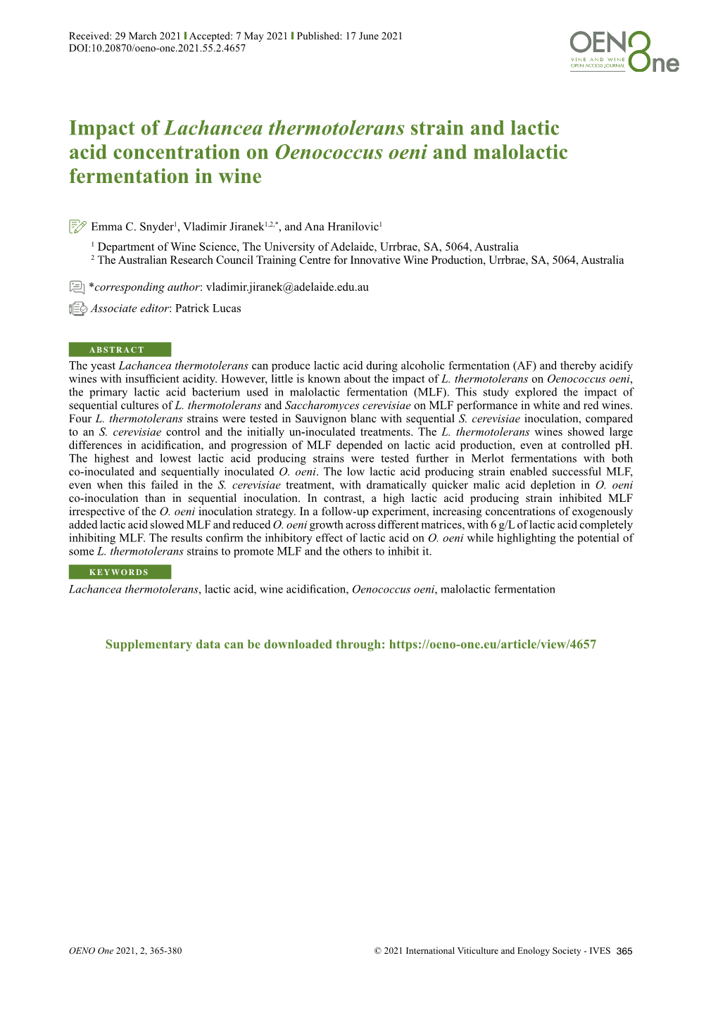 Impact of Lachancea Thermotolerans Strain and Lactic Acid Concentration on Oenococcus Oeni and Malolactic Fermentation in Wine