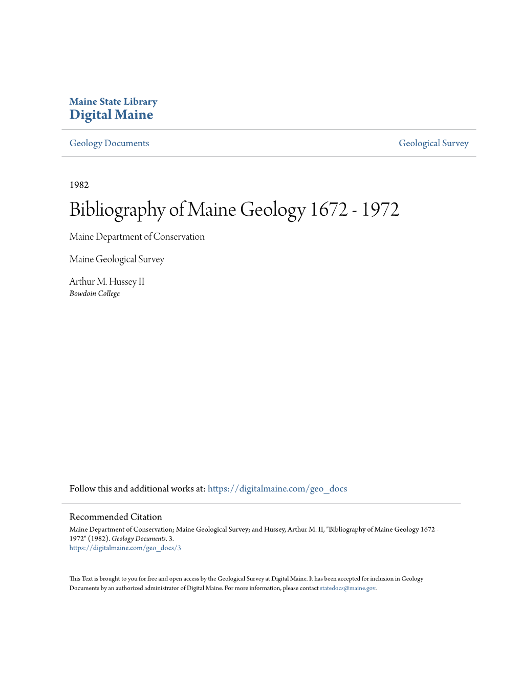 Bibliography of Maine Geology 1672 - 1972 Maine Department of Conservation