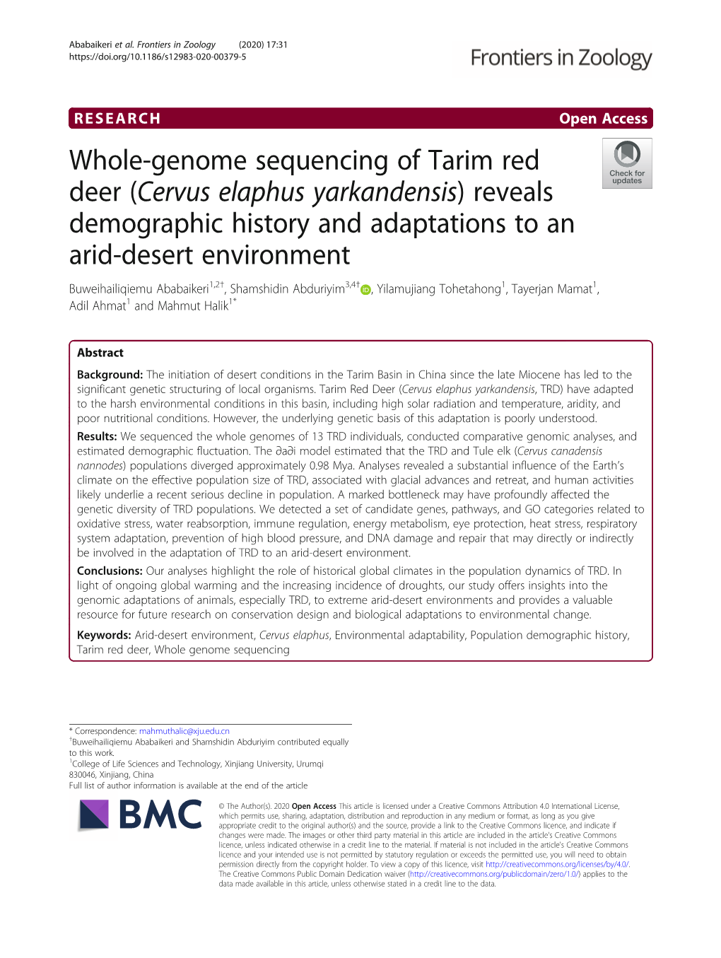 Whole-Genome Sequencing of Tarim Red Deer