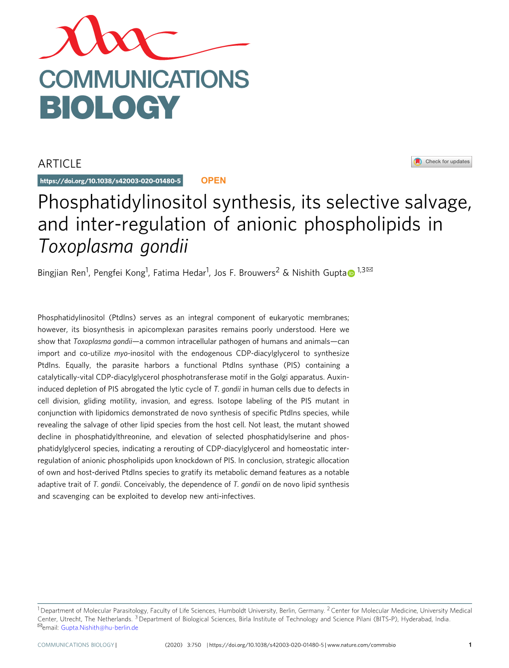 Toxoplasma Gondii ✉ Bingjian Ren1, Pengfei Kong1, Fatima Hedar1, Jos F