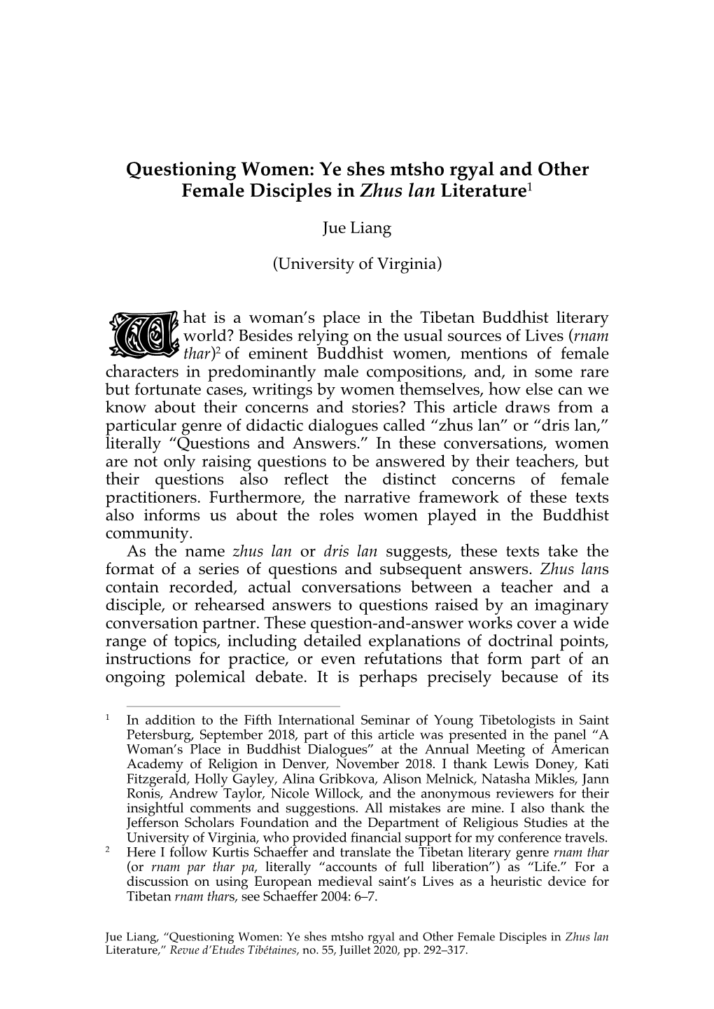 Questioning Women: Ye Shes Mtsho Rgyal and Other Female Disciples in Zhus Lan Literature1