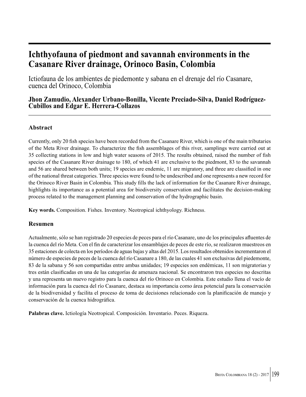 Ichthyofauna of Piedmont and Savannah Environments in the Casanare River Drainage, Orinoco Basin, Colombia