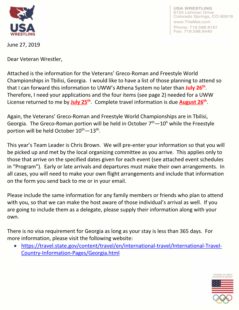 June 27, 2019 Dear Veteran Wrestler, Attached Is the Information for The