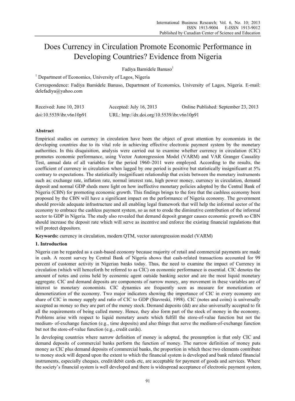 Does Currency in Circulation Promote Economic Performance in Developing Countries? Evidence from Nigeria