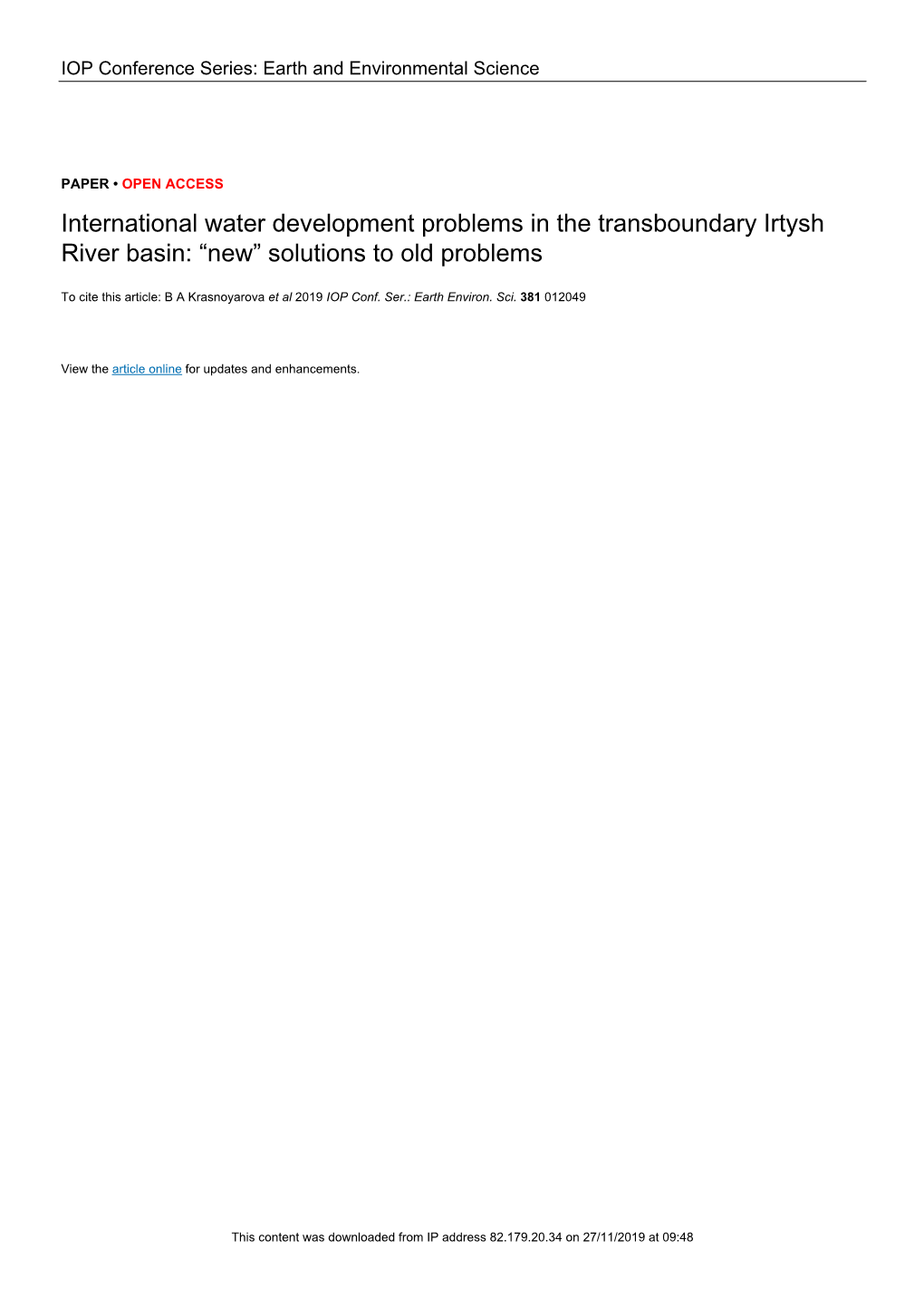 International Water Development Problems in the Transboundary Irtysh River Basin: “New” Solutions to Old Problems