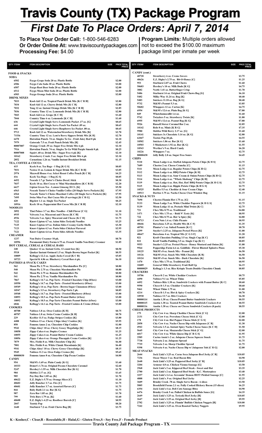 Travis County Jail Package Program - TX QTY ITEM# ITEM DESCRIPTION SIZE PRICE TOTAL QTY ITEM# ITEM DESCRIPTION SIZE PRICE TOTAL PRICE PRICE