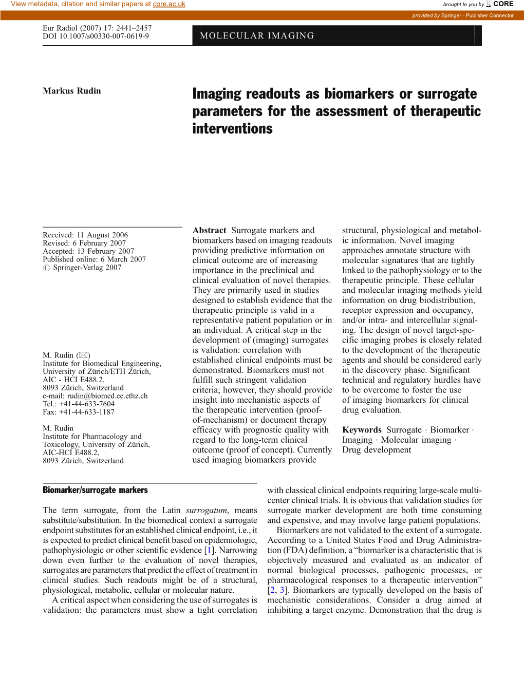 Imaging Readouts As Biomarkers Or Surrogate Parameters for the Assessment of Therapeutic Interventions