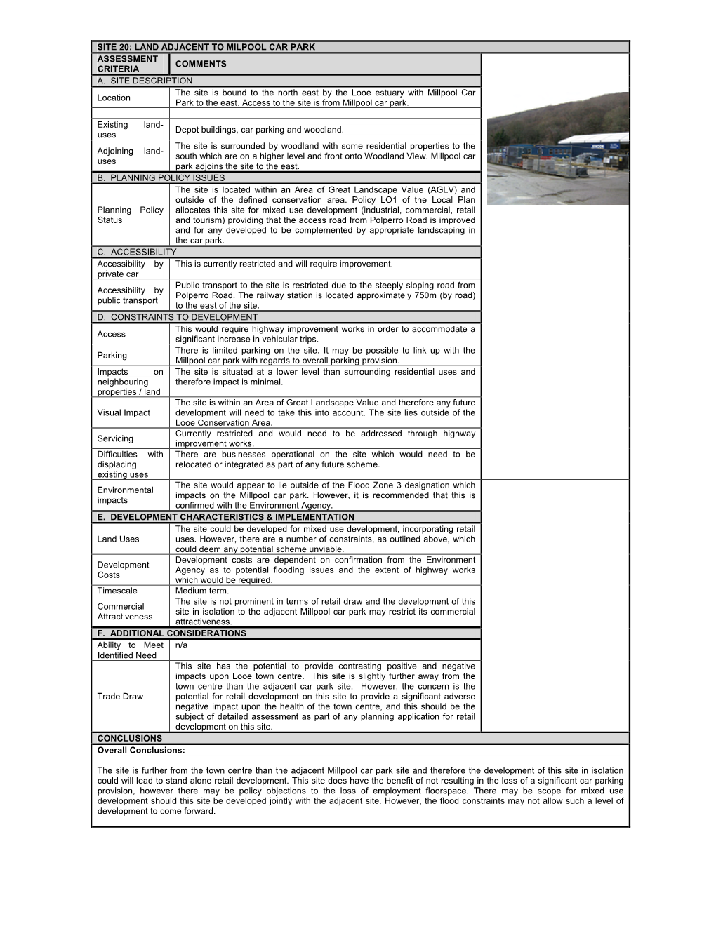 Land Adjacent to Milpool Car Park Assessment Comments Criteria A