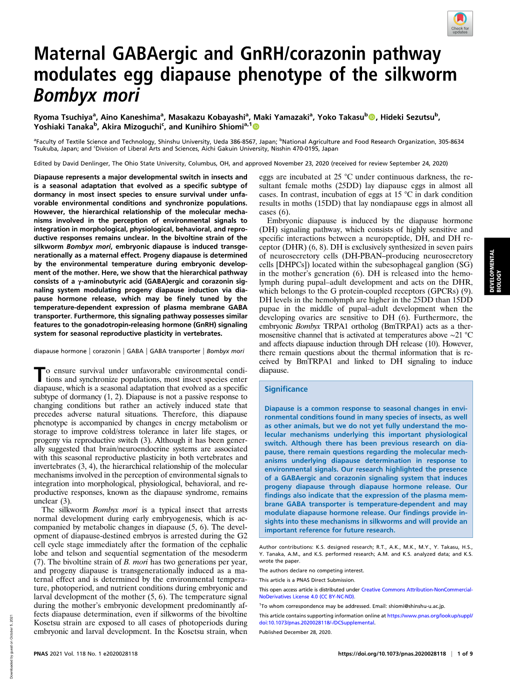 Maternal Gabaergic and Gnrh/Corazonin Pathway Modulates Egg Diapause Phenotype of the Silkworm Bombyx Mori